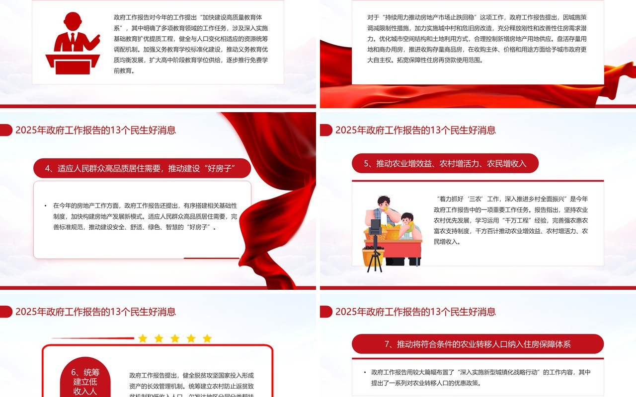 红色简约风政府工作报告民生好消息PPT模板