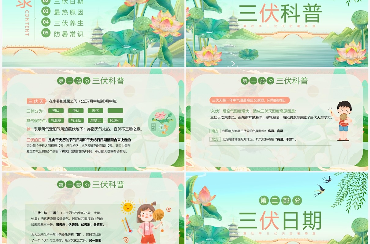 绿色中国风三伏天科普介绍PPT模板
