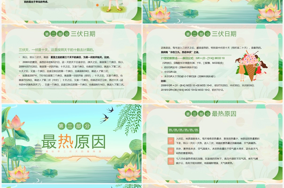 绿色中国风三伏天科普介绍PPT模板