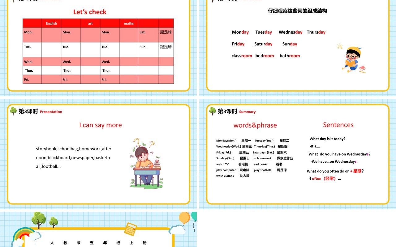 人教版五年级英语上册Unit2 My week课件PPT模板