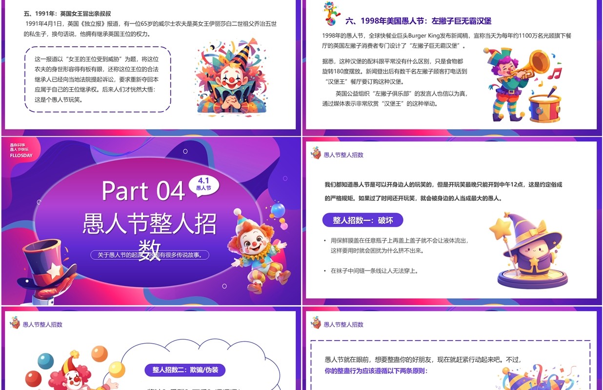 紫色卡通风愚人节快乐PPT模板