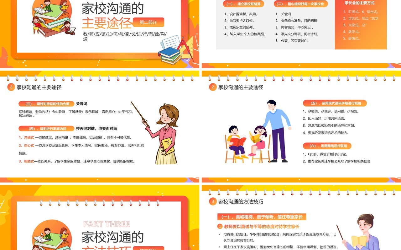 橙色卡通风家校沟通教师培训PPT模板