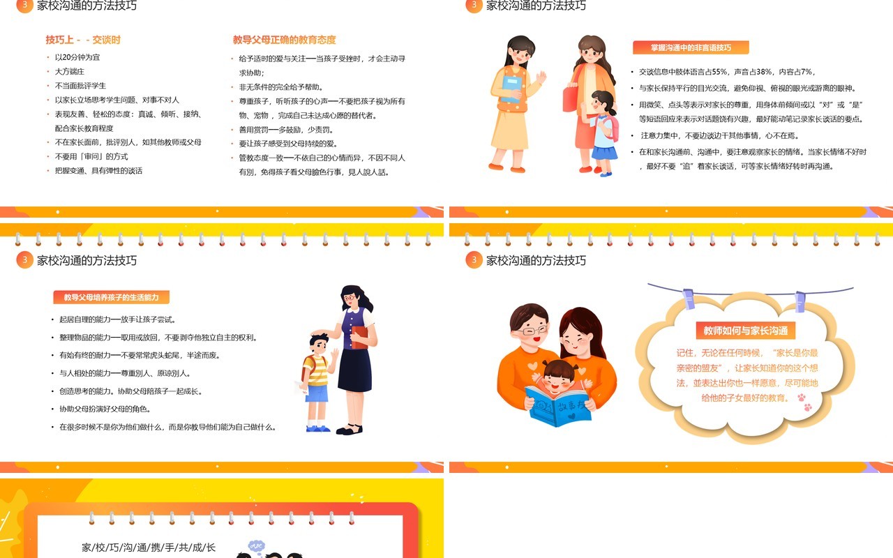 橙色卡通风家校沟通教师培训PPT模板