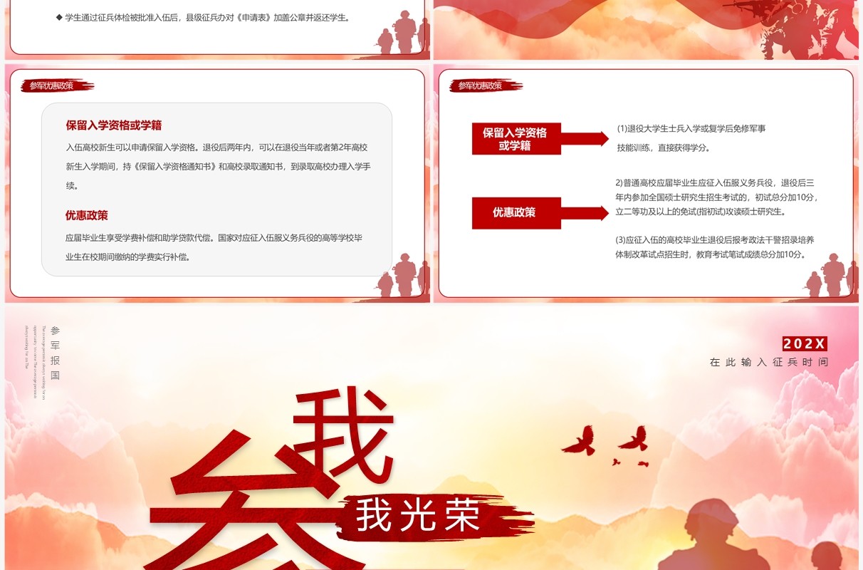 红色简约我参军我光荣征兵宣传PPT模板