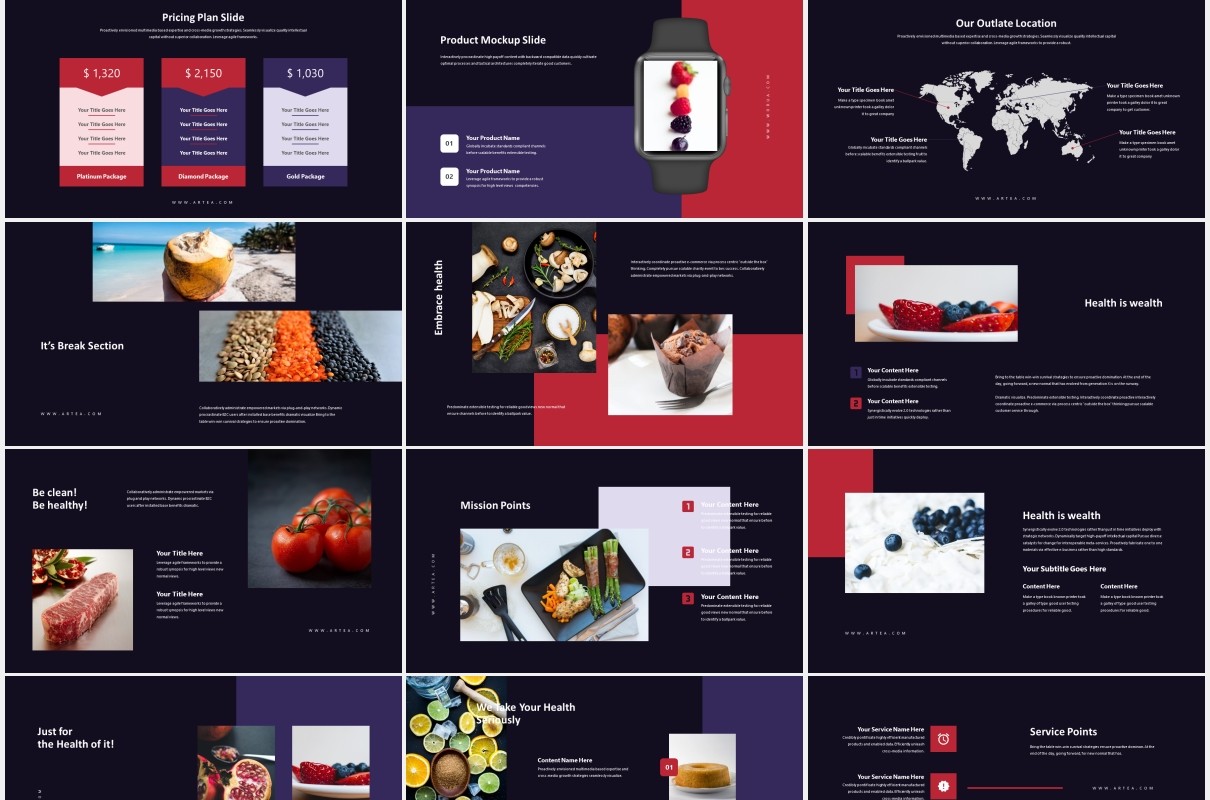 深色健康饮食展示PPT模板Artea-Healthcare Powerpoint