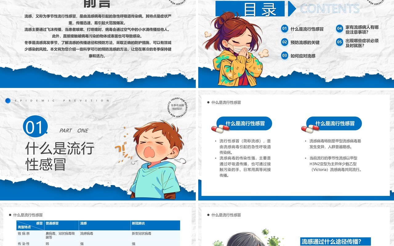 蓝色卡通风冬季防流感医疗知识PPT模版