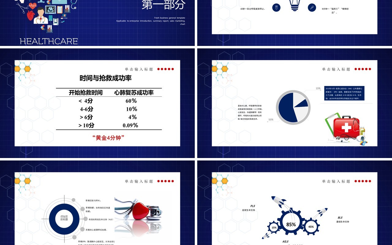 蓝色医疗健康心脏骤停心肺复苏人工呼吸急救知识操作方法培训PPT模板