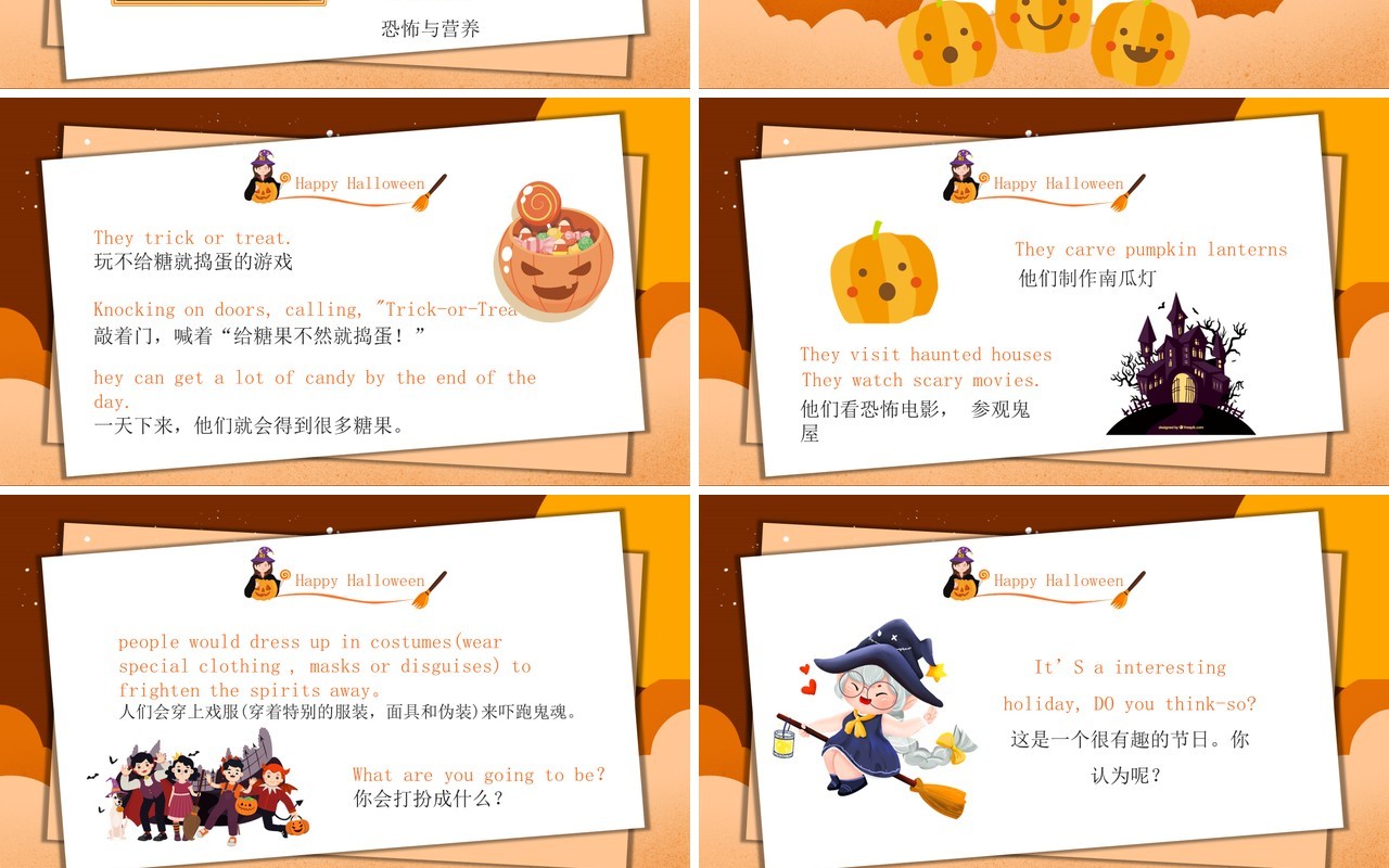 黄色卡通幼儿园万圣节活动英语主题班会PPT模板