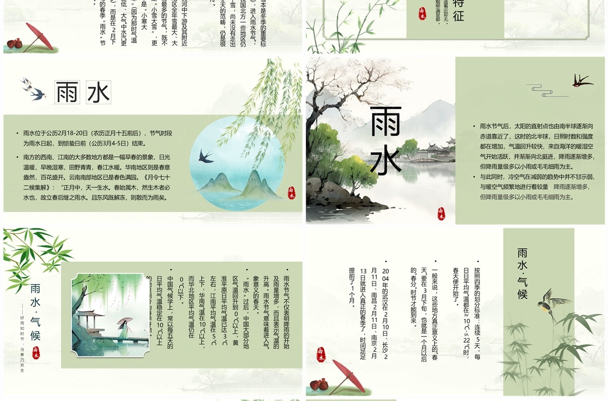绿色水墨中国风二十四节气之雨水PPT模板