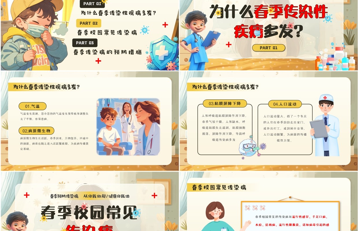 黄色卡通风春季传染病预防PPT模板