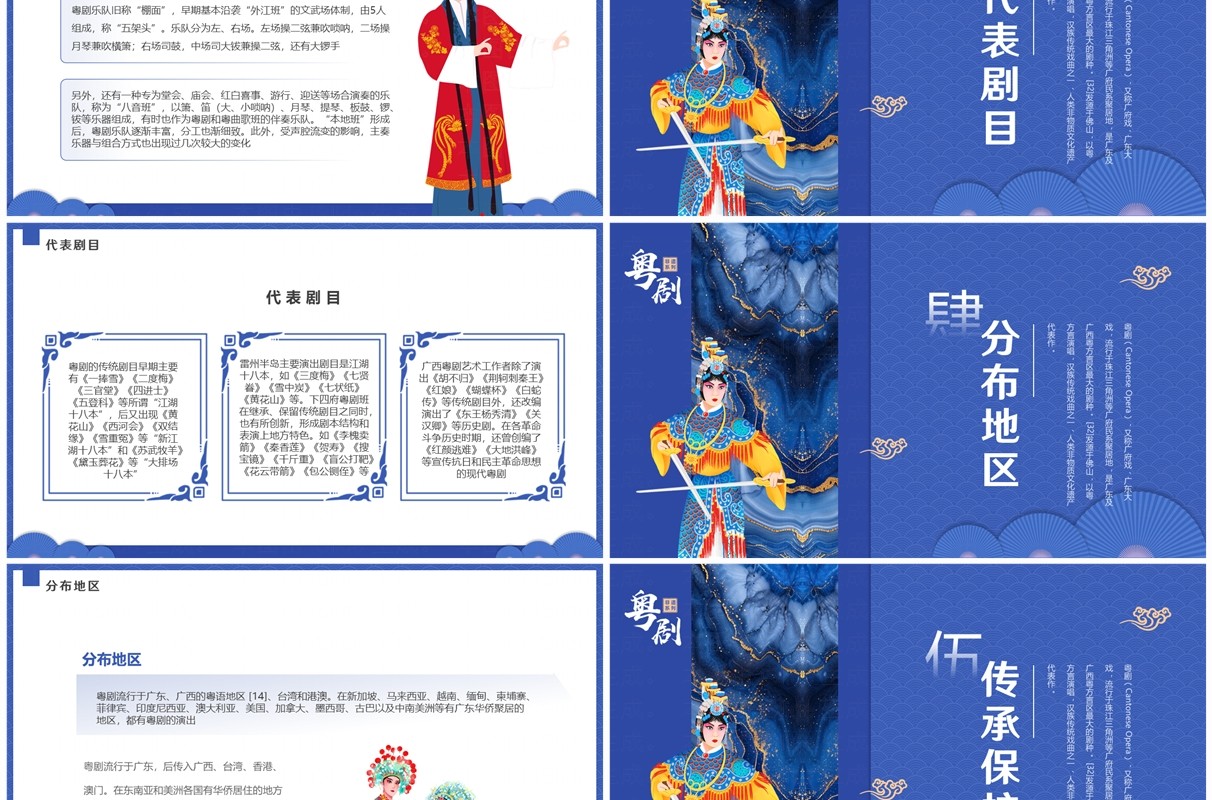 蓝色中国风非遗系列之粤剧介绍PPT模板