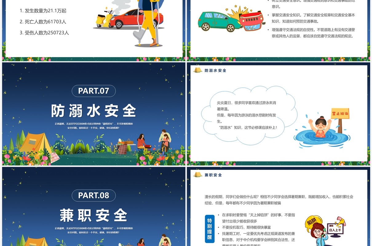 蓝色卡通风大学生暑假安全PPT模板