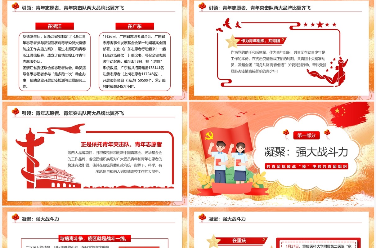 红色卡通青春心向党奋战疫情中PPT模板