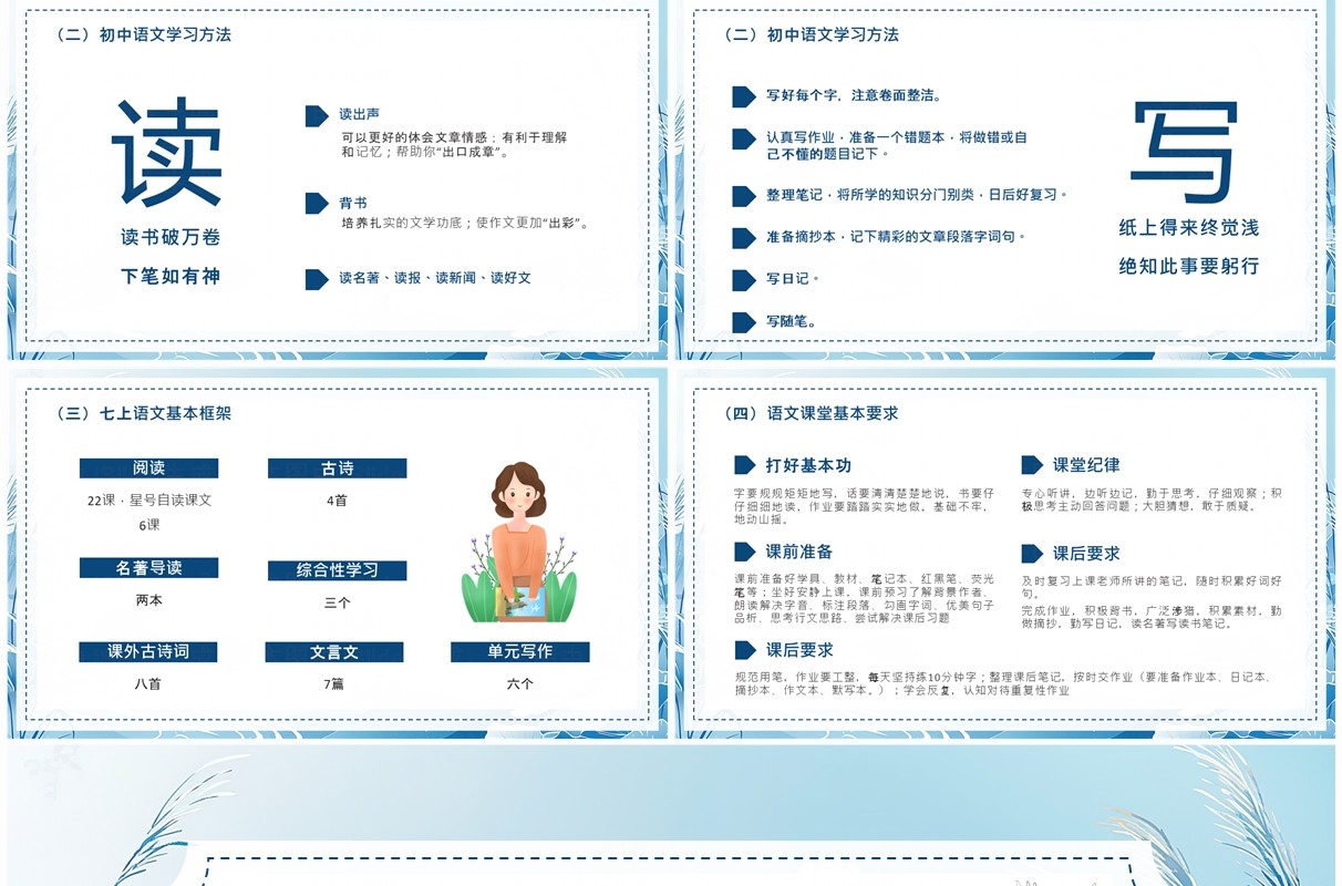 蓝色中国风初中语文开学第一课PPT模板