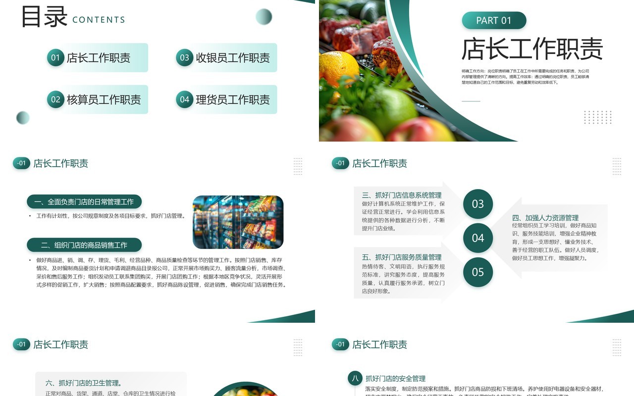 绿色简约风超市各岗位职责企业培训PPT模板