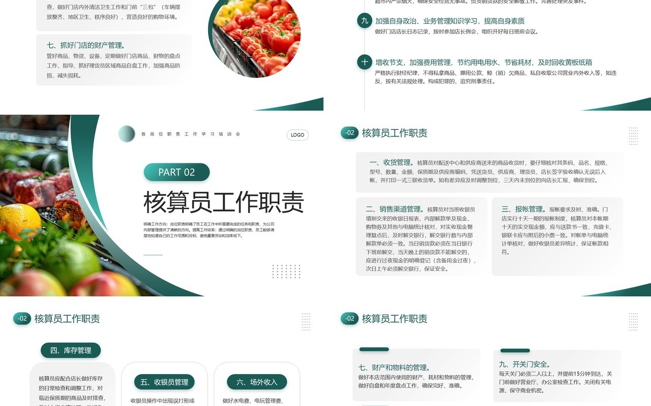 绿色简约风超市各岗位职责企业培训PPT模板
