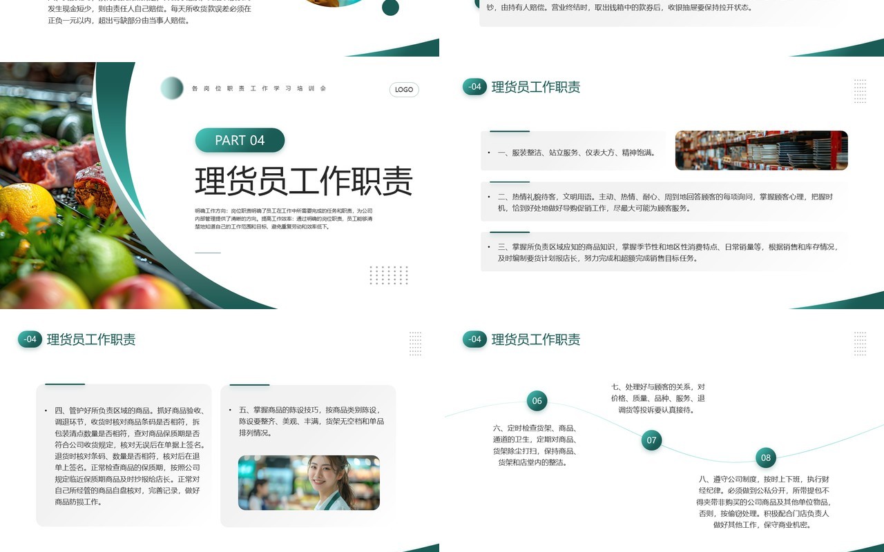 绿色简约风超市各岗位职责企业培训PPT模板