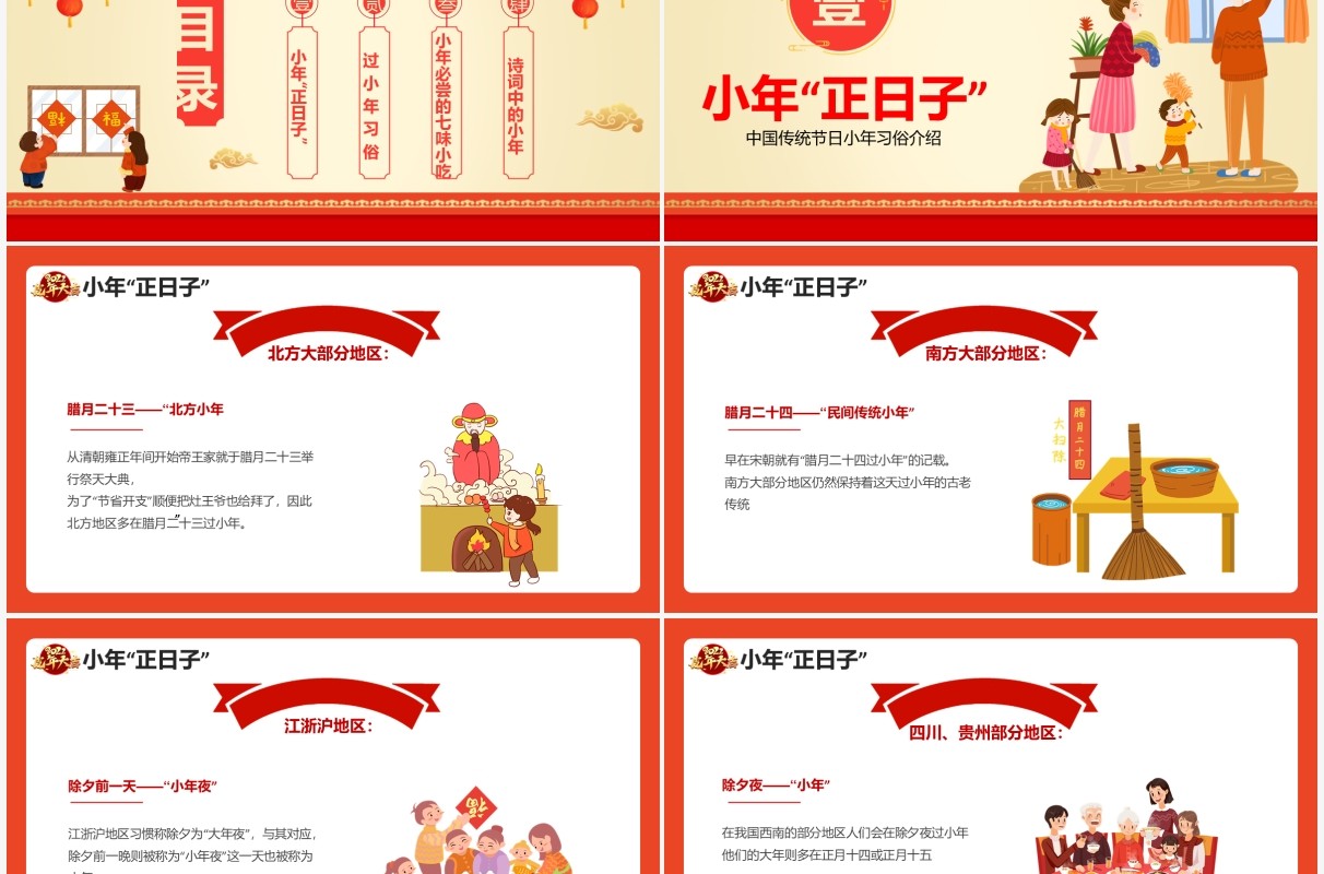 红色中国传统节日之小年习俗介绍PPT模板