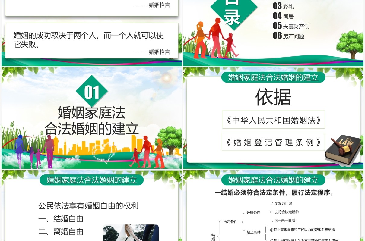 绿色清新风婚姻家庭法律讲座法律课件PPT模板