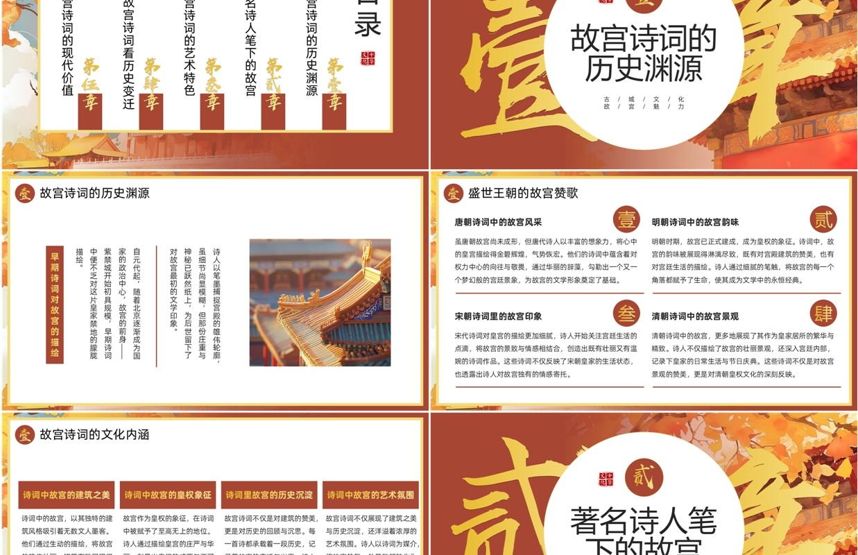 红色中国风描写故宫的诗词PPT模板