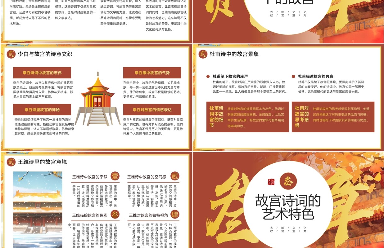 红色中国风描写故宫的诗词PPT模板