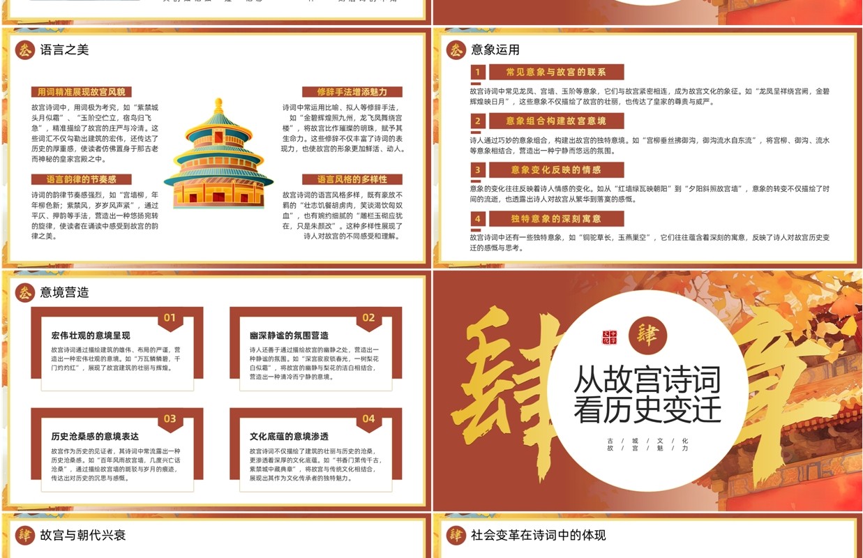 红色中国风描写故宫的诗词PPT模板