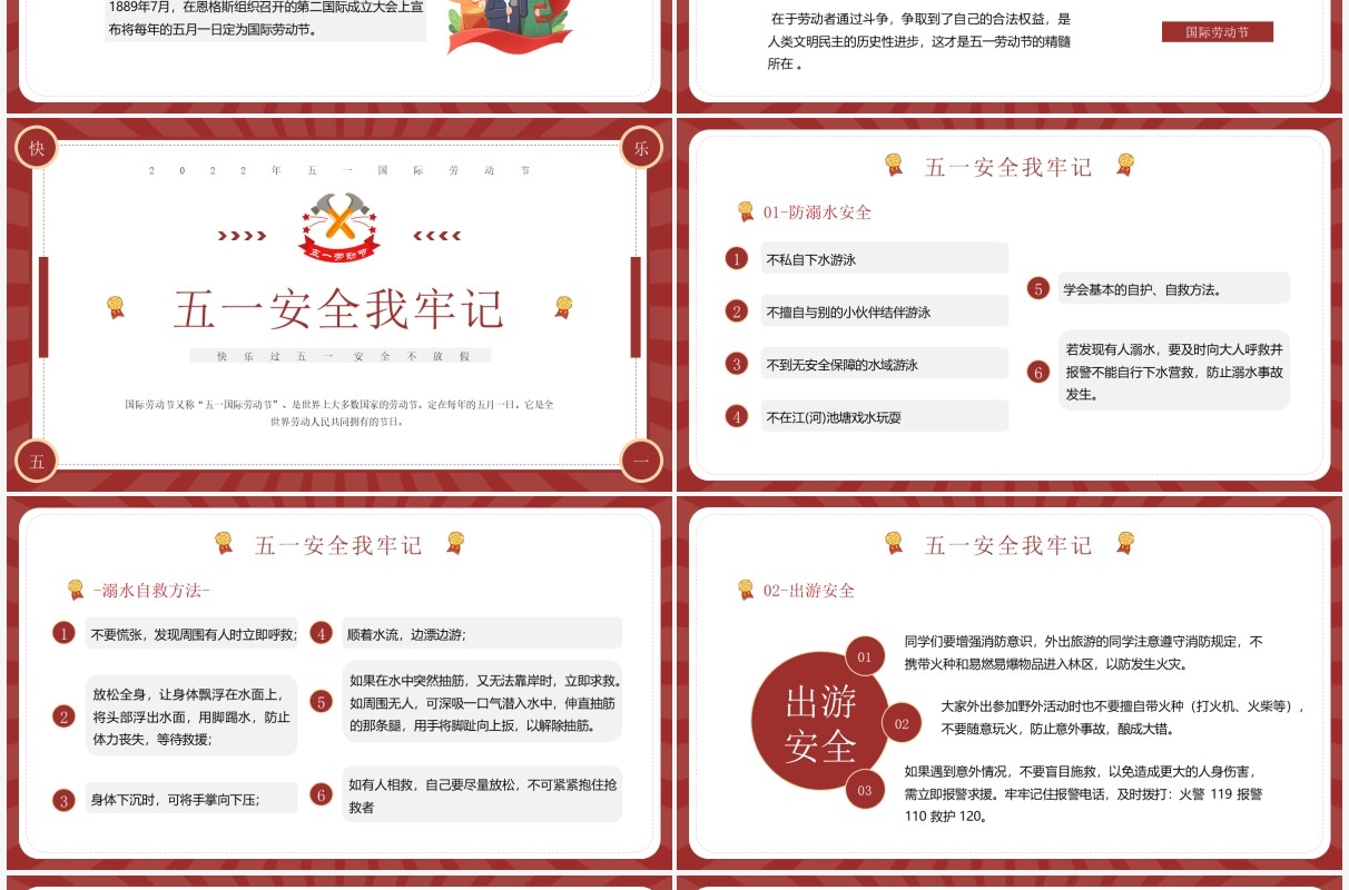 红色复古卡通风劳动节安全教育PPT模板