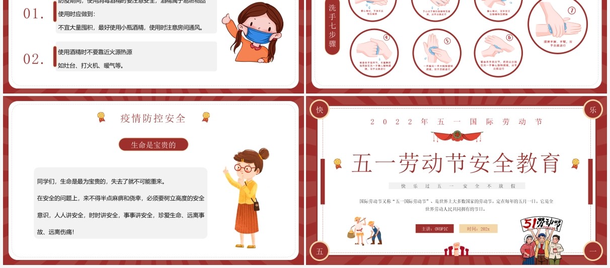 红色复古卡通风劳动节安全教育PPT模板