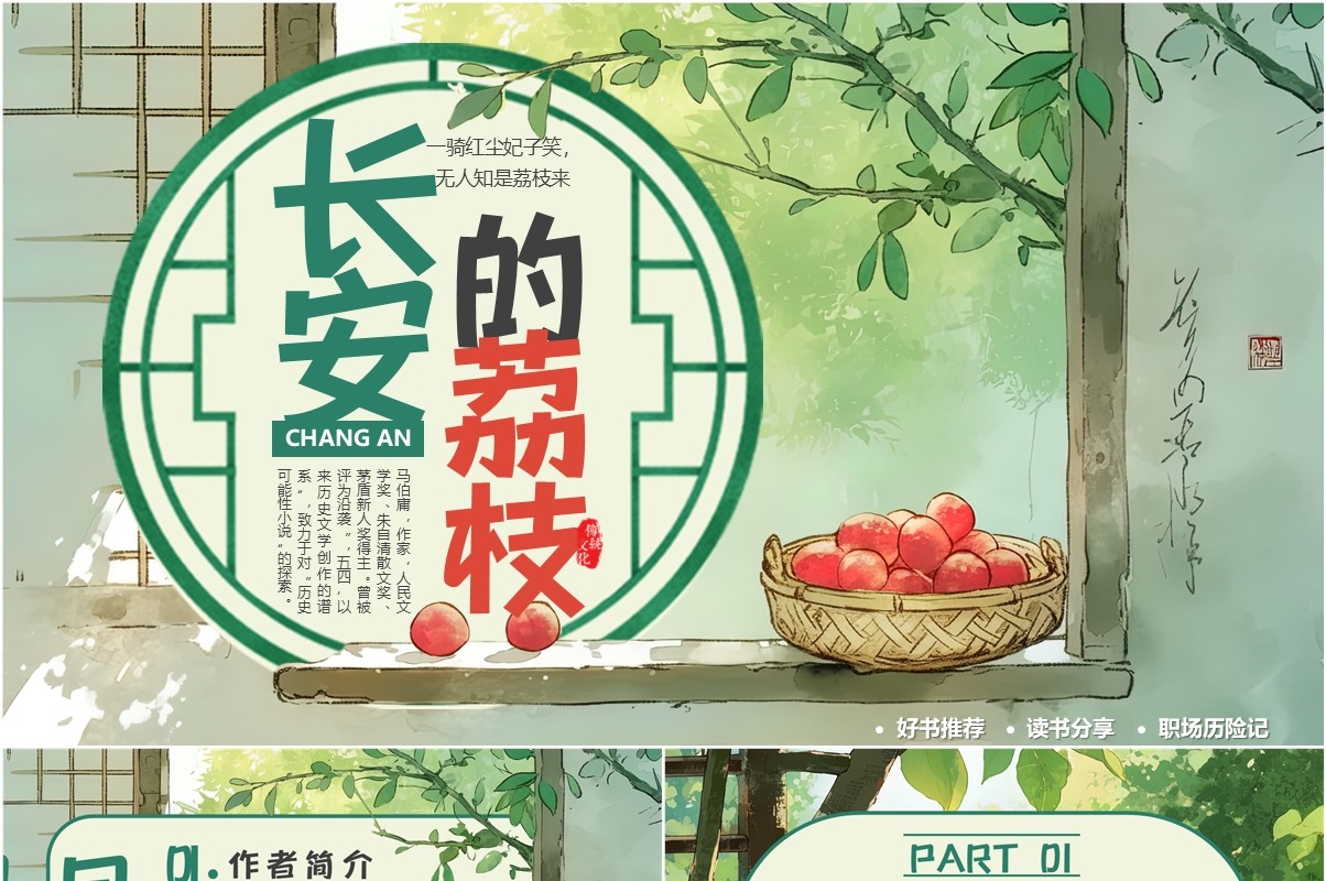 绿色插画风长安的荔枝书籍赏析PPT模版