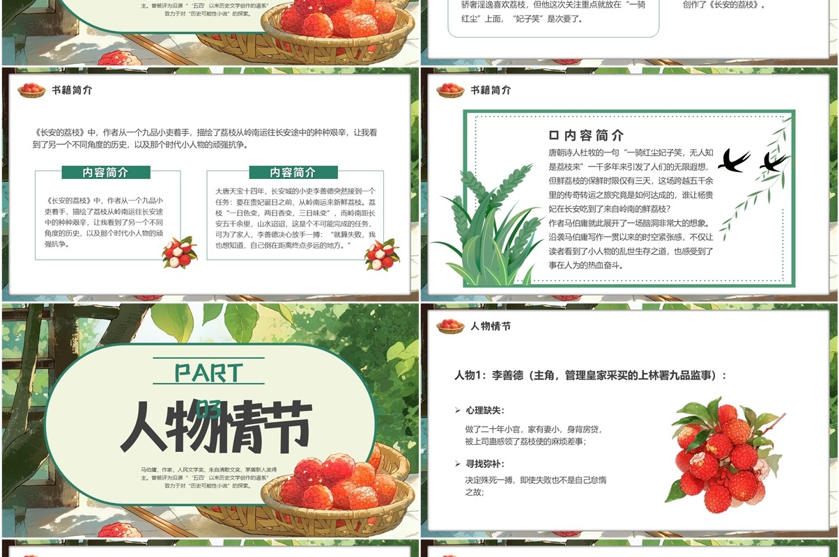 绿色插画风长安的荔枝书籍赏析PPT模版
