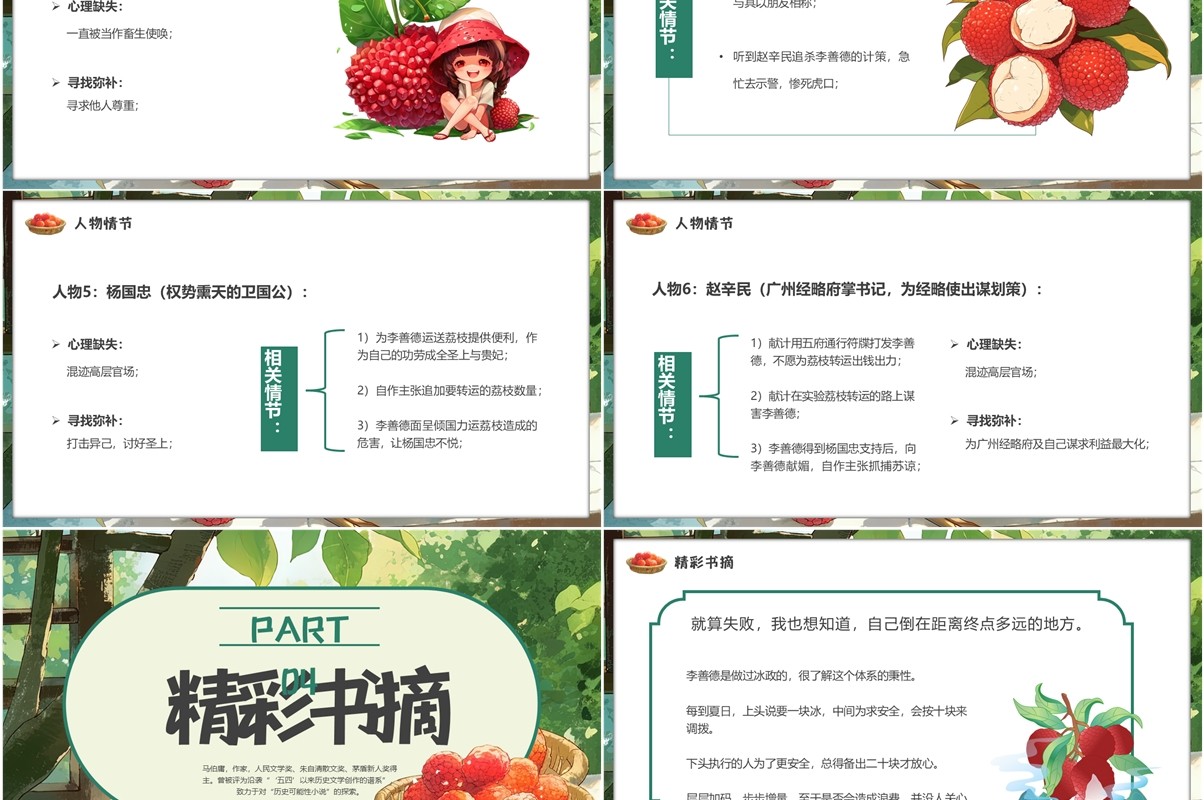 绿色插画风长安的荔枝书籍赏析PPT模版