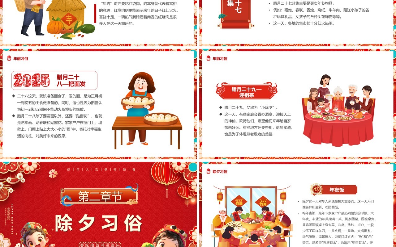 红色中国风2025蛇年习俗介绍PPT模板