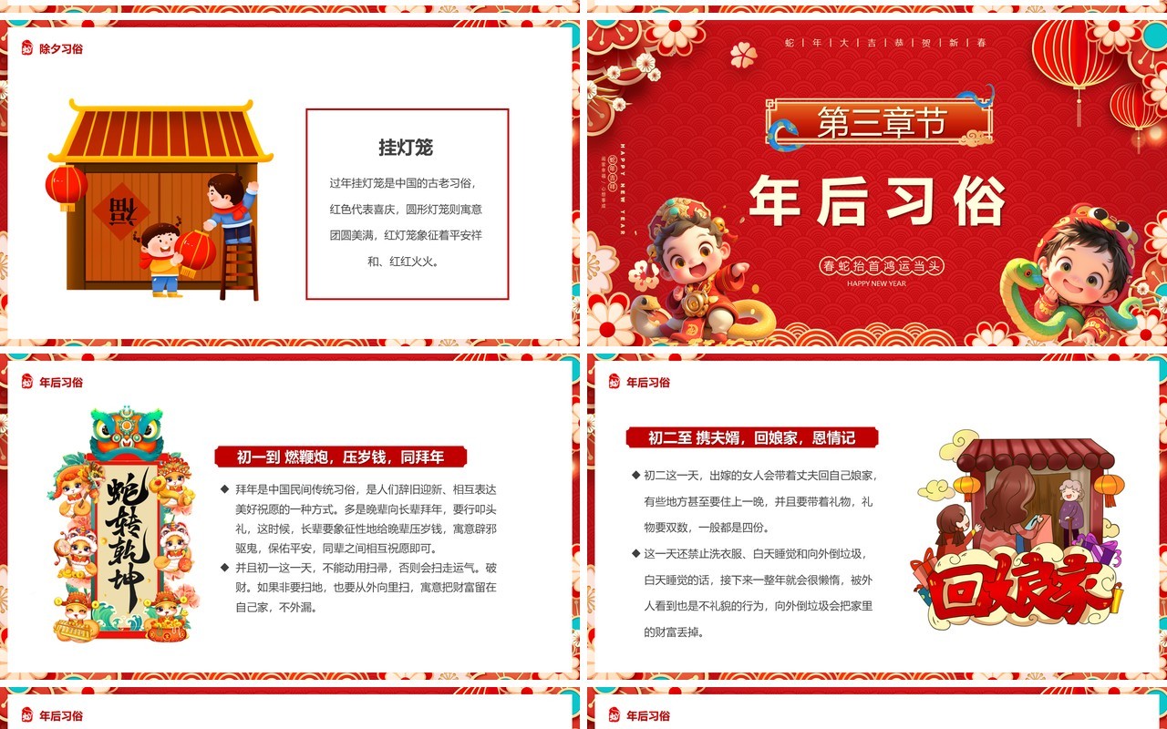 红色中国风2025蛇年习俗介绍PPT模板