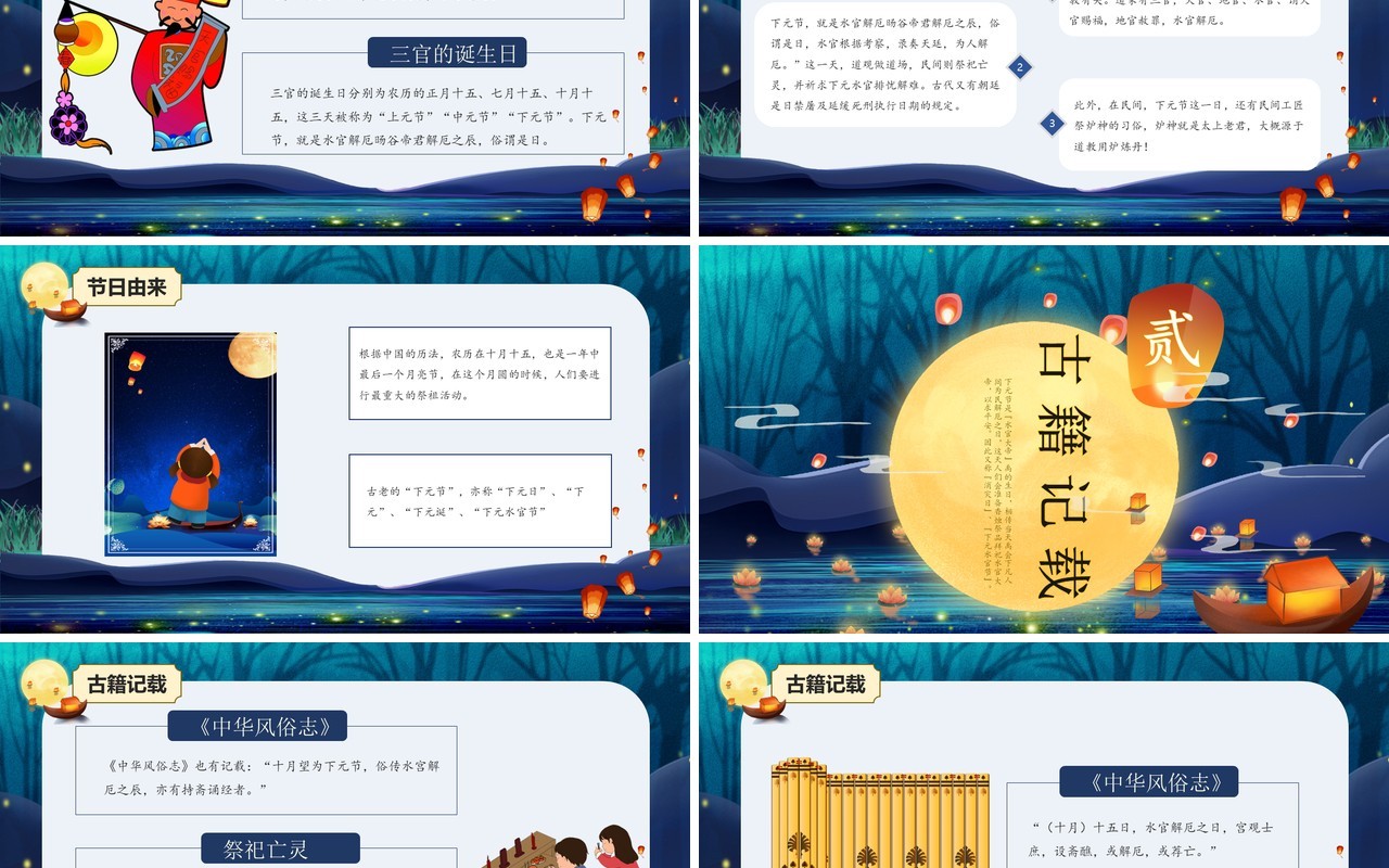蓝色卡通中国风传统节日下元节介绍PPT模板