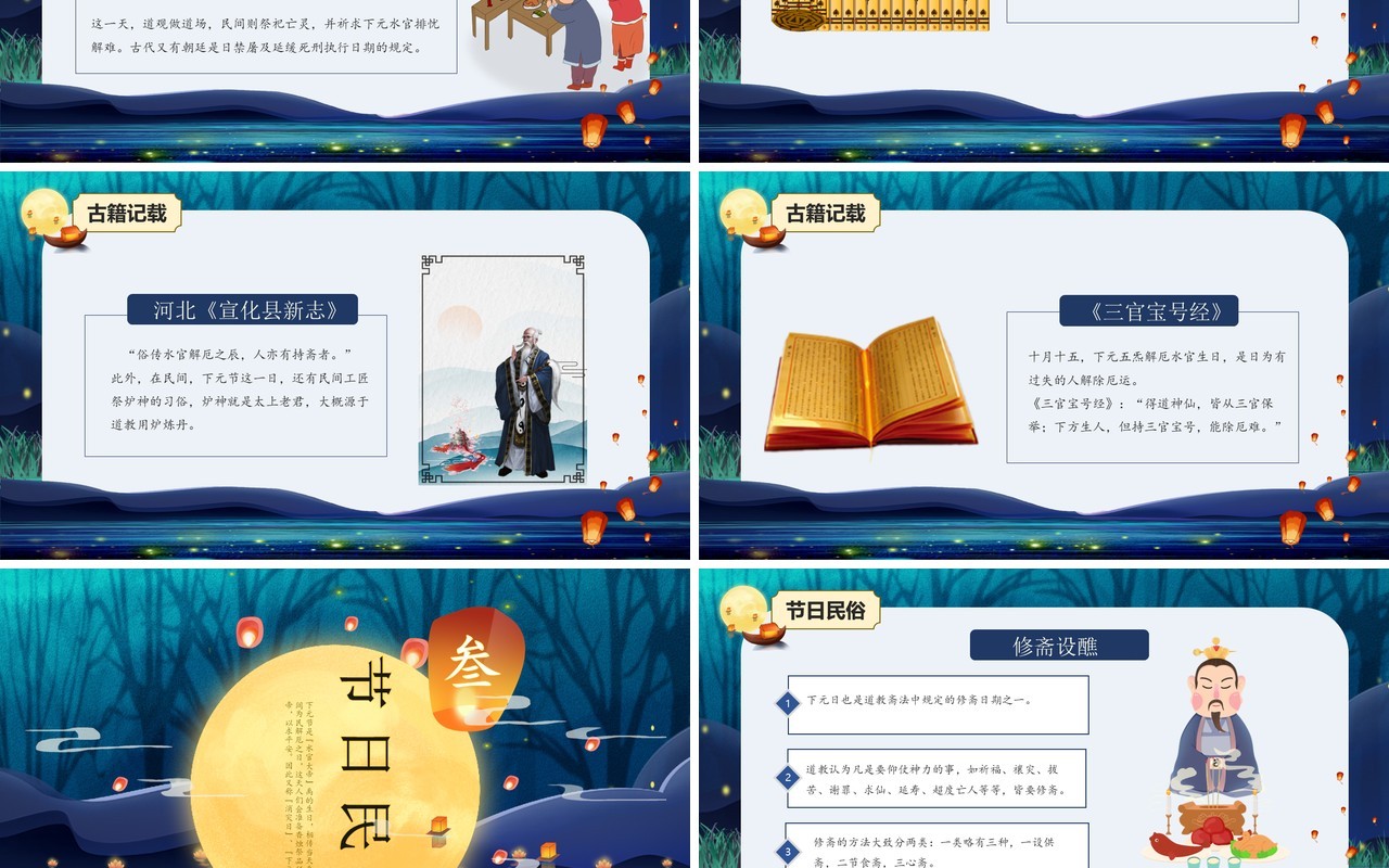 蓝色卡通中国风传统节日下元节介绍PPT模板