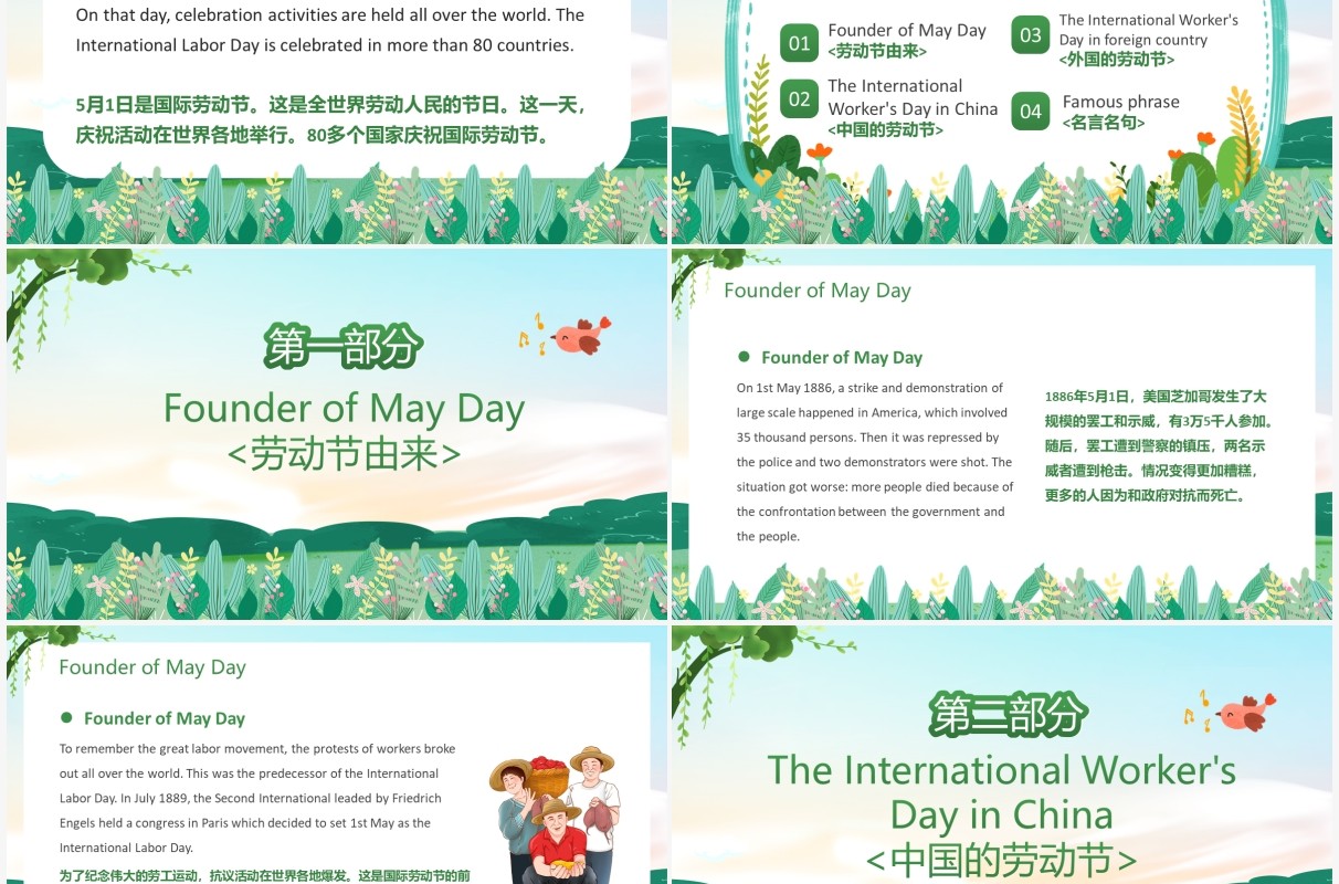 绿色卡通风劳动节英文介绍PPT模板