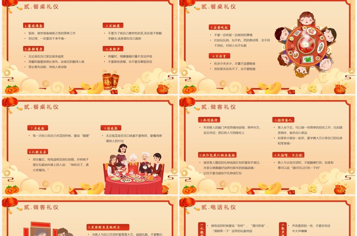 黄色中国风春节礼仪习俗介绍PPT模板