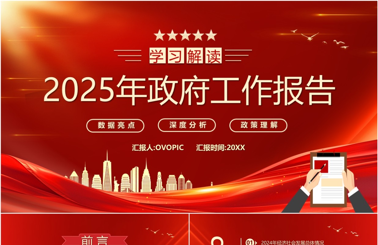 红色党政风学习解读2025政府工作报告PPT模板