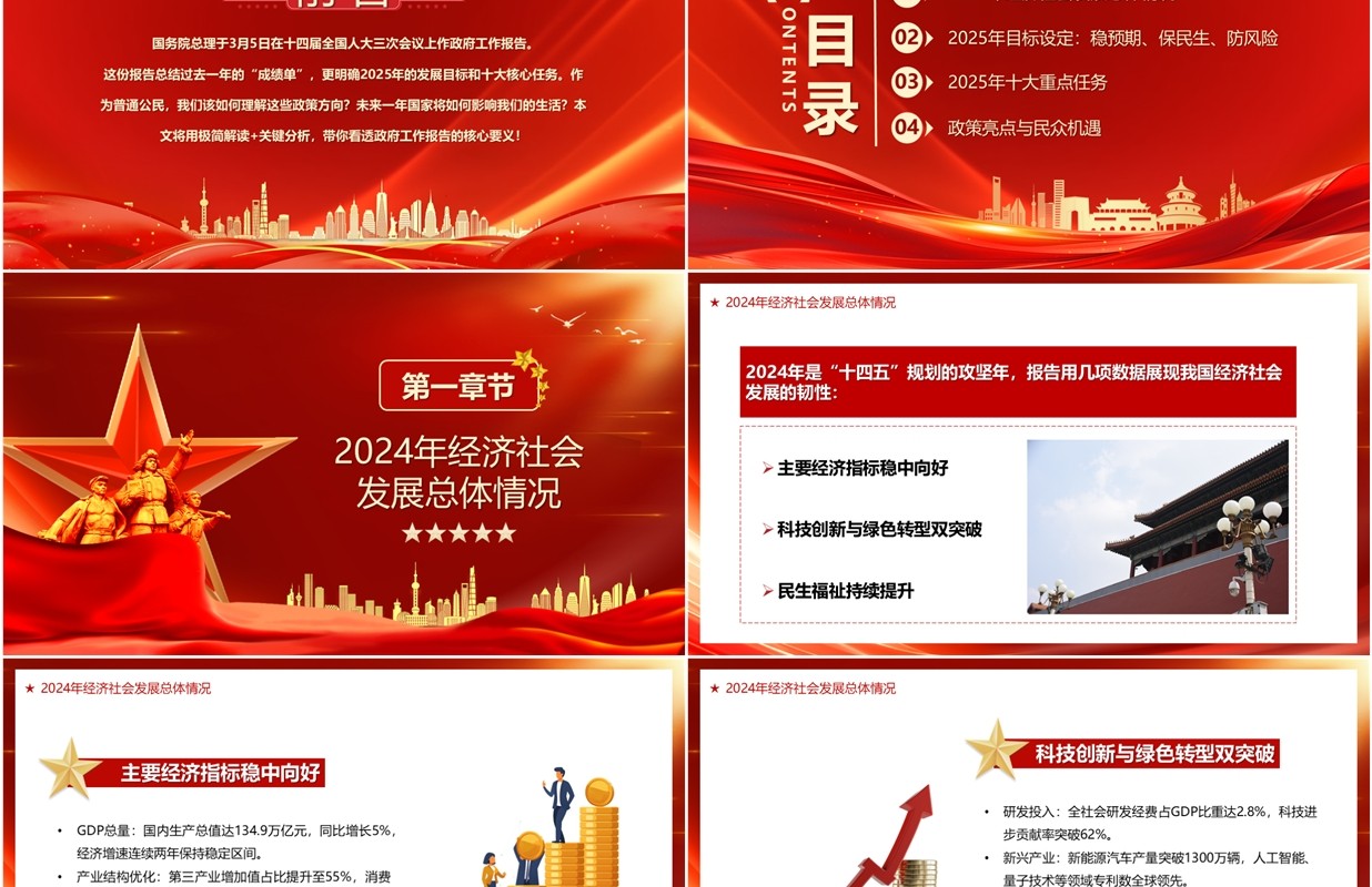 红色党政风学习解读2025政府工作报告PPT模板