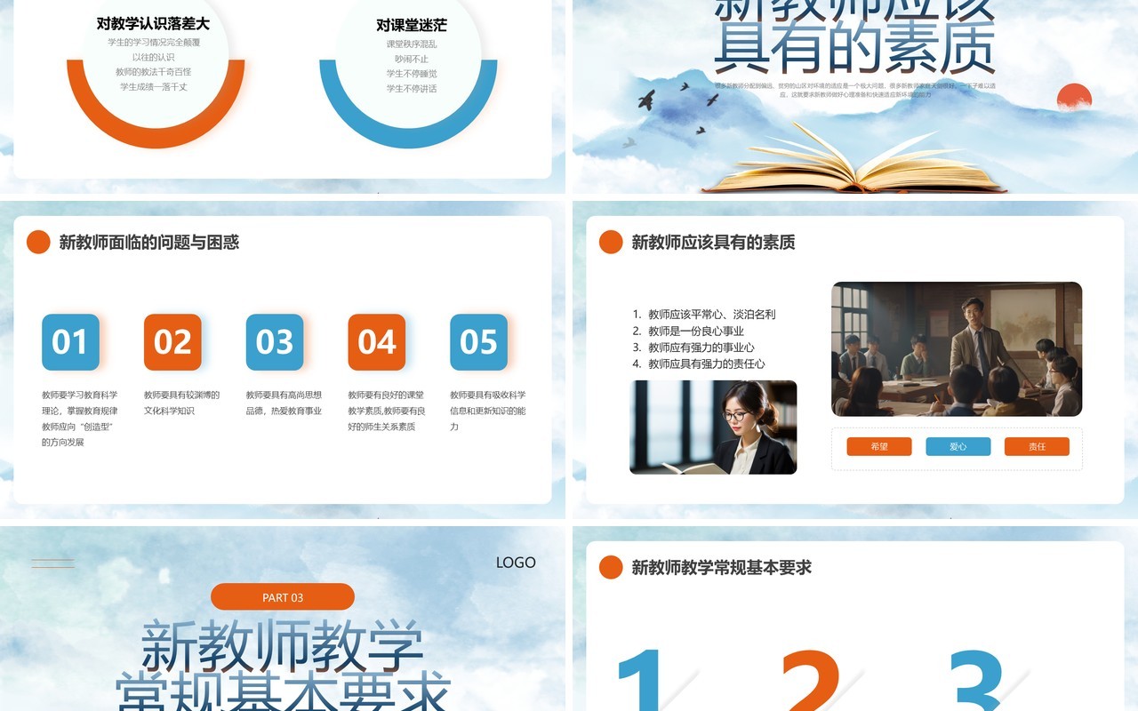 蓝色橙色简约新教师经验交流PPT模板宣传