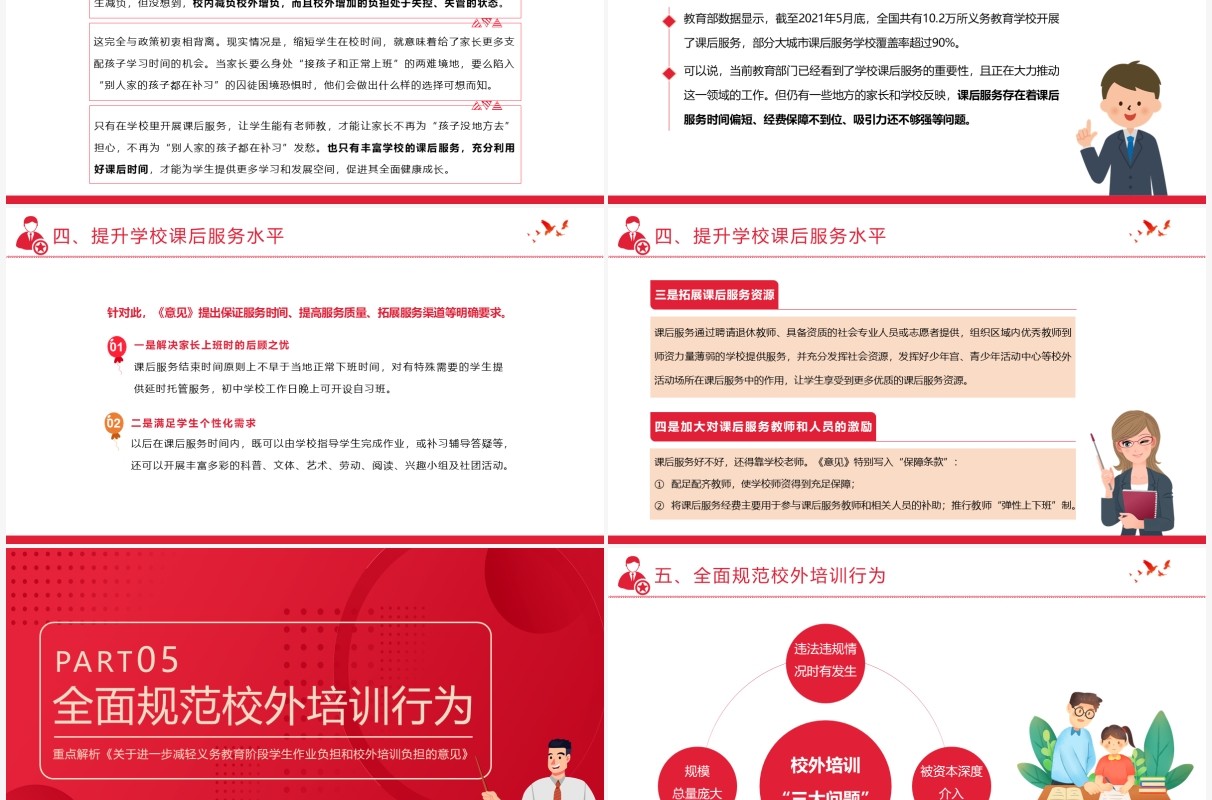 红色简约风关于进一步减轻义务教育阶段学生作业负担和校外培训负担的意见PPT模板