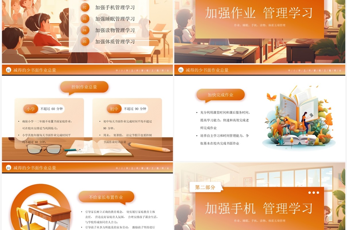 橙色插画风五项管理学习班会PPT模板