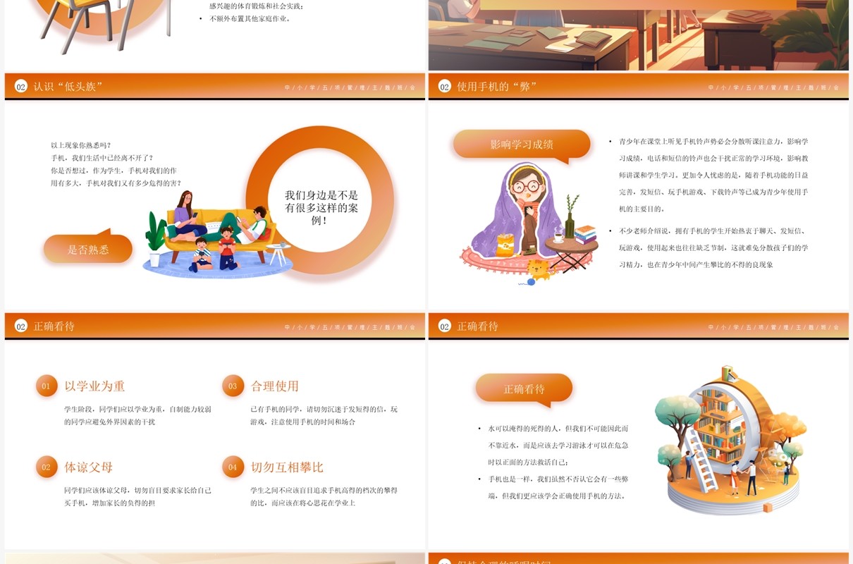 橙色插画风五项管理学习班会PPT模板