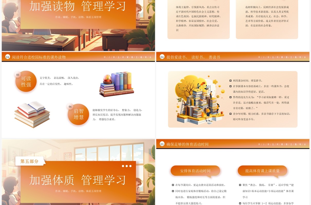 橙色插画风五项管理学习班会PPT模板