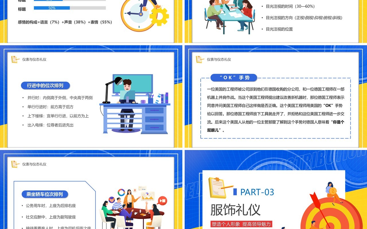 蓝黄撞色卡通领导形象与礼仪培训PPT模板
