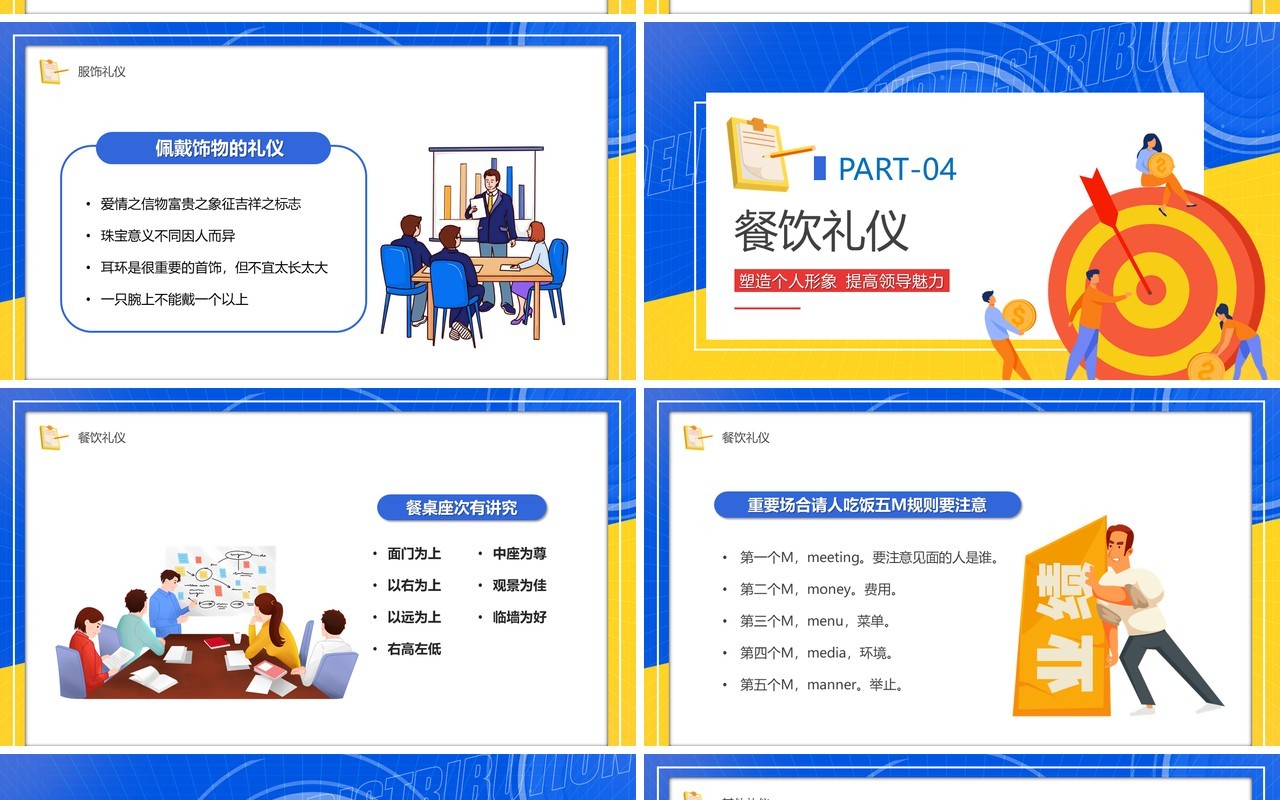 蓝黄撞色卡通领导形象与礼仪培训PPT模板