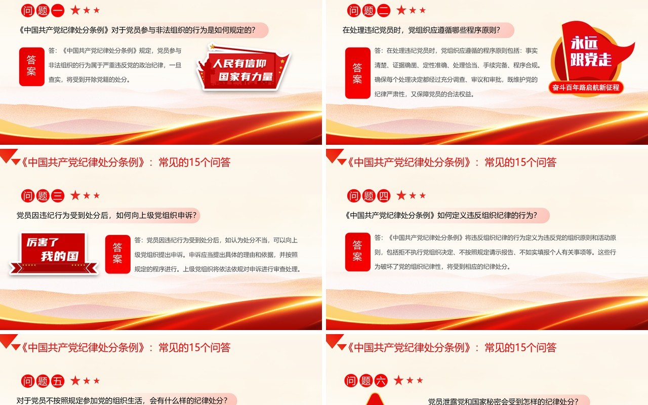 红色简约风纪律处分条例常见的问答PPT模板