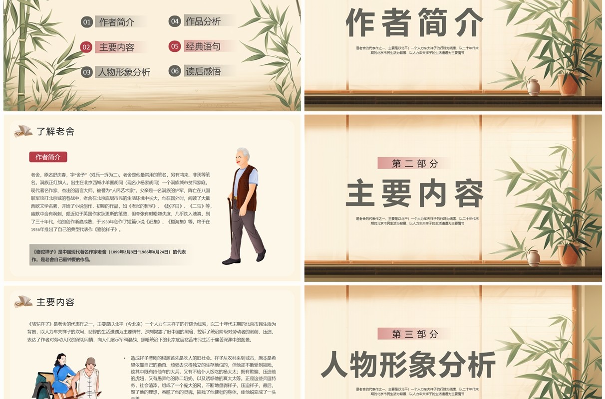 黄色简约中国风骆驼祥子介绍PPT模板