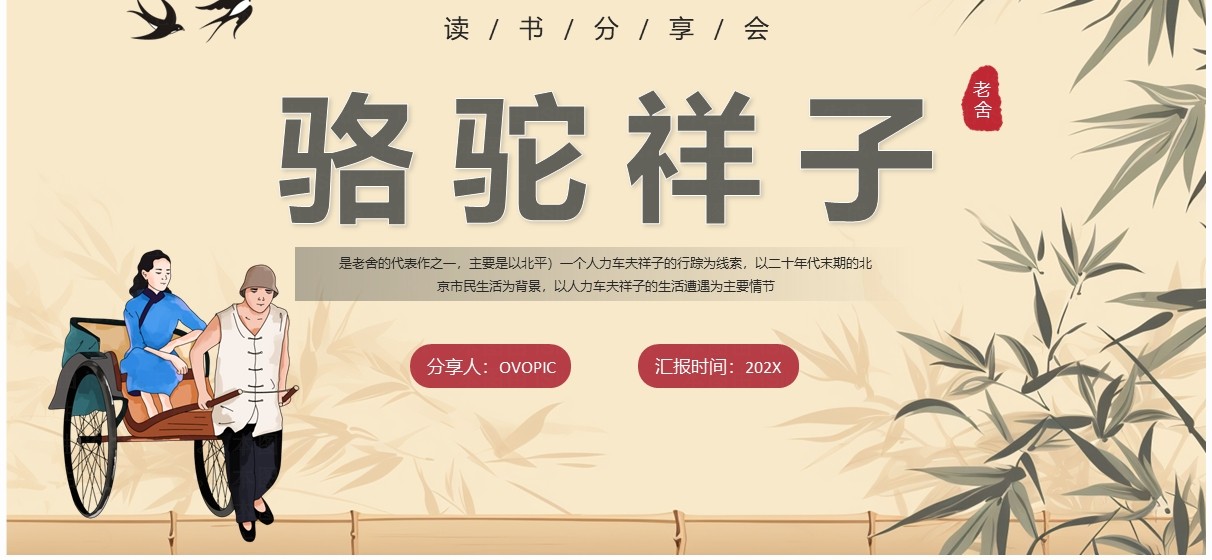 黄色简约中国风骆驼祥子介绍PPT模板