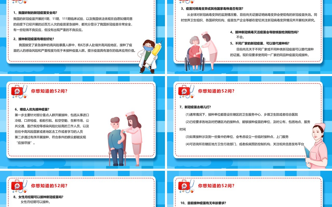 蓝色卡通风关于新冠疫苗的五十二个问PPT模板